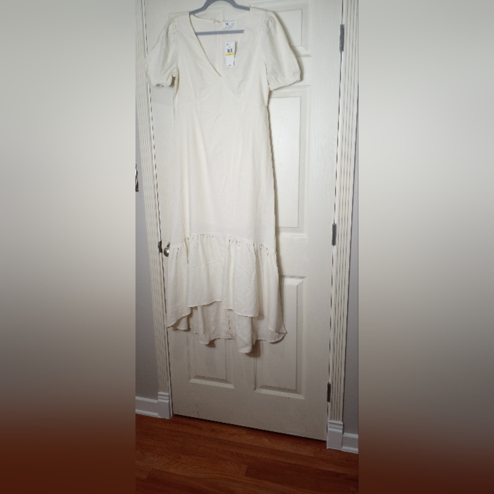Tinsel Cream Linen Rayon Blend Maxi Dress Size M Tiered Ruffle Bridal Summer